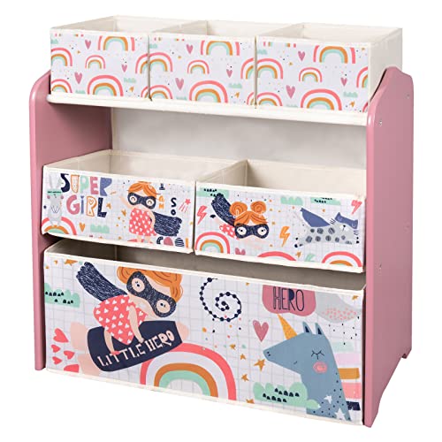 eSituro Kinderzimmerregal, Spielug Organizer mit 6 Stoffboxen Bücherregal für Kinder, Spielzeugregal Rosa mit Cartoon-Motiven Aufbewahrungsregal Kinderzimmer, Schule, Kindergarten 63X30X60cm