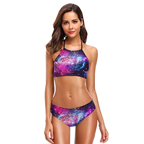 ZZKKO Galaxy Nebula Bikini Badeanzug Damen High Neck Halfter Zweiteiliger Badeanzug L Lila, violett, Large