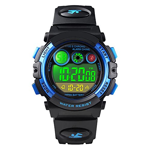 FeiWen Multifunktiona Kinderuhr Mehrfarbig LED Licht Outdoor Digitale Sport Uhren Militär Plastik Junge und Mädchen Armbanduhren mit Kautschuk Band 50M Wasserdicht (Schwarz)