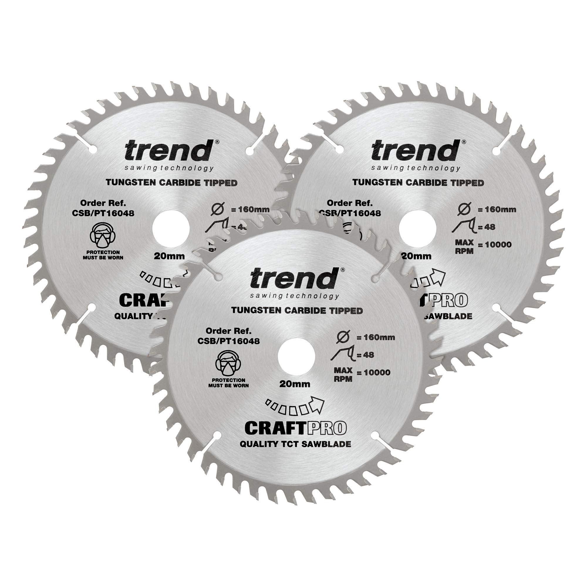 Trend CraftPro Dreierpack TCT-Kreissägeblätter, 160mm Durchmesser x 48 Zähne x 20mm Bohrung, Hartmetallbestückt, CSB/PT160/3PK, 3er-Pack