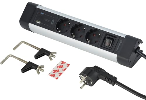 Electraline 62581 Steckdosenleiste Alu für den Schreibtisch 3-Fach + 3 USB (2 USB A 3.0A QC + 1 USB C PD20W) Kabel 2 m, Überspannungsschut, Mehrfachsteckdose/Tischsteckdose Steckerleiste