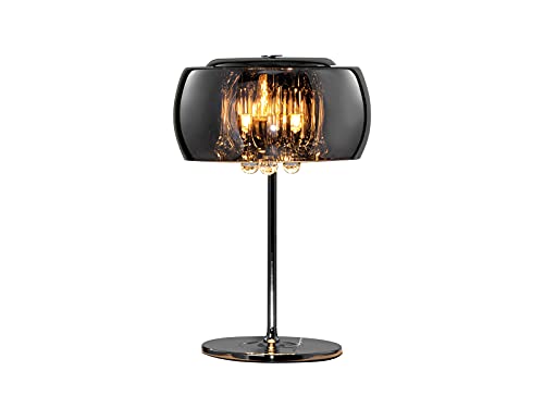 Dekorative LED Tischleuchte mit rauchfarbigem Glasschirm & weißem Dekobehang, Ø 28 cm, 43 cm hoch