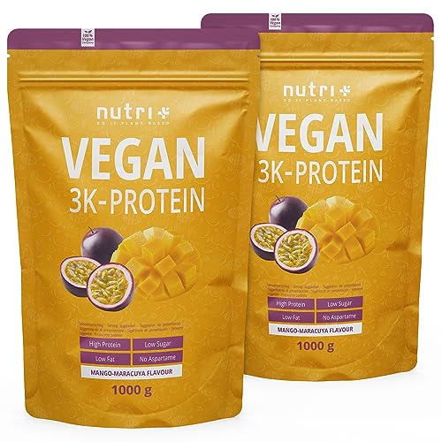 Protein Vegan Mango Maracuja 2kg - 83% pflanzliches Eiweiß - Nutri + Shape & Shake 3k-Proteinpulver - Veganes Eiweißpulver ohne Laktose & Milcheiweiß - Flavour Powder 2000g