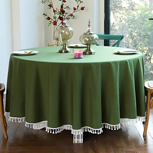 CoutureBridal Dunkelgrün Tischdecke Rund 200 cm Baumwolle Leinen Abwaschbar Uni Quaste Gartentischdecke Couchtisch Tischtuch für den Innen - und Außenbereich