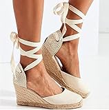 QAZW Damen Espadrilles Gemacht, Hohe Keile, Ledersandalen,Beige-39