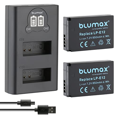 2X Blumax LP-E12 Akku 850mAh + Slim Dual LCD-Ladegerät - kompatibel mit Canon EOS M50 M10 M M100 M200 - SX70HS