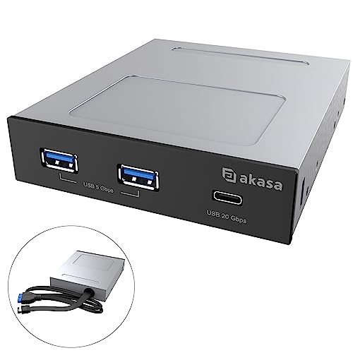 Akasa USB 20Gbps Type-C Panel with Dual USB 5Gbps Type-A Port, Fits into 3.5” Bay PC Computer Case, 20-pin Key-A Internal Connector and USB 19-pin Internal Connector, AK-ICR-36