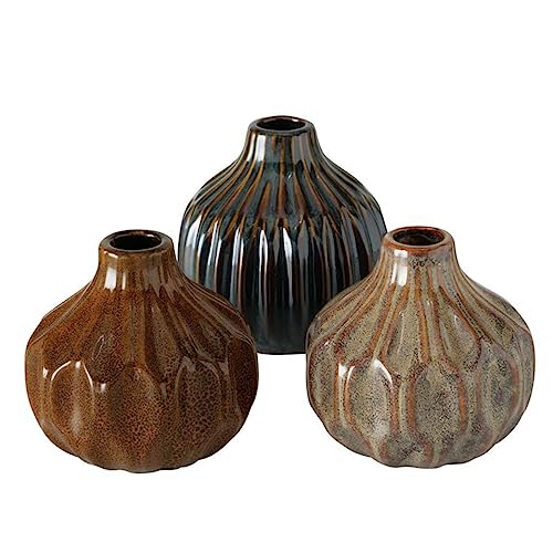 Vase im 3er Set im Shabby Chic Look aus Keramik Blumenvase Tischdekoration für Blumen und Trockenblumen Dekoratives Design - Braun