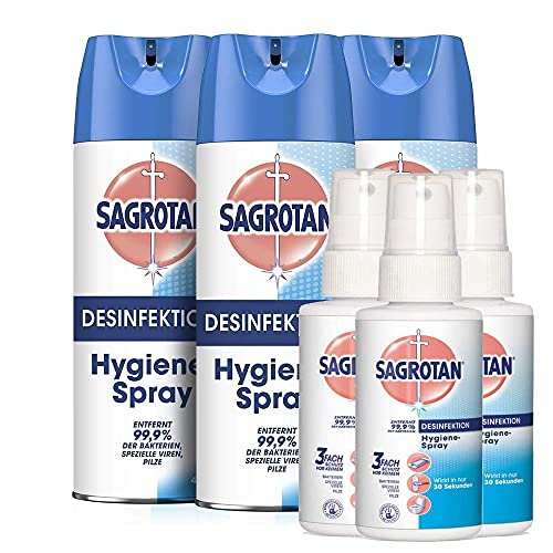 Sagrotan Hygiene-Reinigungsset zum Desinfizieren von Textilien & Oberflächen (3 x 400ml Hygiene-Spray Aerosol & 3 x 100ml Hygiene-Pumpspray)