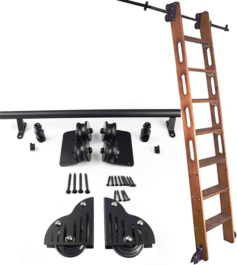 CATANK Bibliotheksleiter-Hardware-Kit mit Bodenrollenrädern (ohne Leiter), Rundrohr, mobile Leiter, Gleitschiene, schwarz, Größe: 300 cm Schienen-Kit