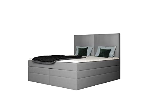 Grekpol - Boxspringbett mit TFK-Matratze H3 und Topper, Polsterbett mit Bettkasten-Torino Duo (Grau (Inari 91), 180x200 cm)