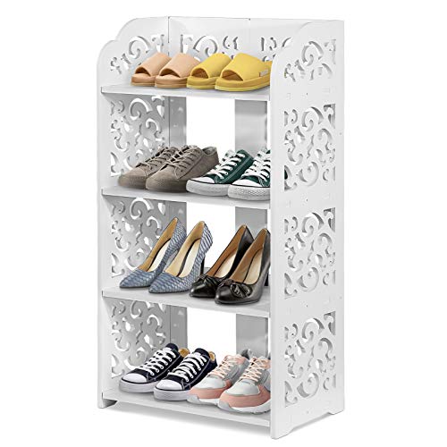 Souong Schuhregal mit 4 Ebenen aus Verbundwerkstoff aus Holz und Kunststoff, für Schuhe, weiß, perforiert, Schuh-Organizer für Wohnzimmer, Badezimmer, Schlafzimmer, 40 x 23 x 71 cm