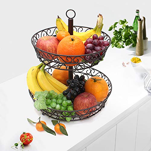 Aohuada Obstkorb Obst Etagere 2 Stöckig Obstschale 30 x 30 x 36 cm Früchtekorb aus Eisen Schwarz Deko Küche
