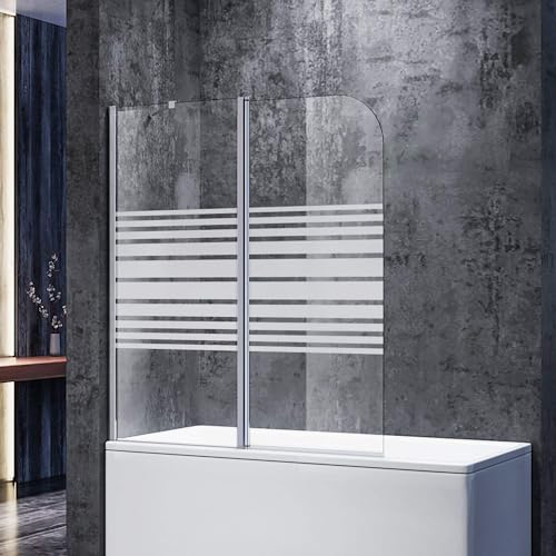 SONNI Duschwand für Badewanne 120x140cm (BxH) Milchglas Streifen mit Stabilisator,Duschwand Badewannenaufsatz, Duschtrennwand