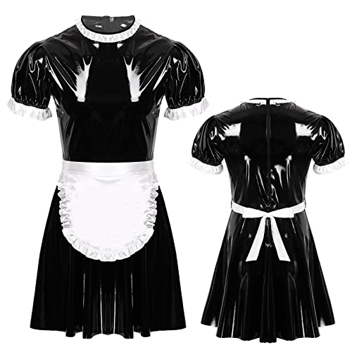 Herren Sissy Maid Kleid Cosplay Kostüm Sexy Clubwear Puffärmel Wetlook Latex Maid Servant Uniform Ausgestelltes Kleid Mit Schürze,Schwarz,L