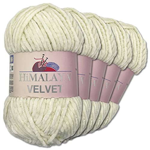 Wohnkult Himalaya 5 x 100 g Velvet Dolphin Wolle 40 Farben zur Auswahl Chenille Strickgarn Glanz Flauschgarn Accessoire Kleidung (90008 | Vanille)