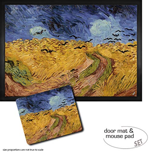 1art1 Vincent Van Gogh, Weizenfeld Mit Raben, 1890 Fußmatte Dekomatte Innenbereich | Design Türmatte (70x50 cm) + Mauspad (23x19 cm) Geschenkset
