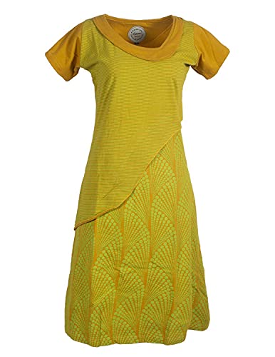 Vishes - Alternative Bekleidung - Damen Kurzarm Lagenlook Kleid Hippie Streifen Punkte Muster gelb 42