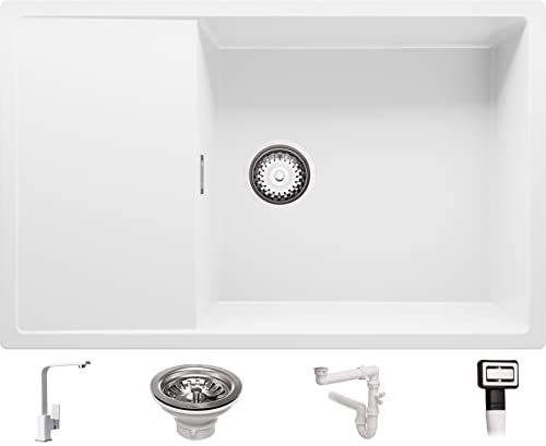 Küchenspüle Weiß 78x50 cm, Spülbecken + Ablauf-Set + Küchenarmatur 8000, Granitspüle für 60er Unterschrank, Einbauspüle von Primagran