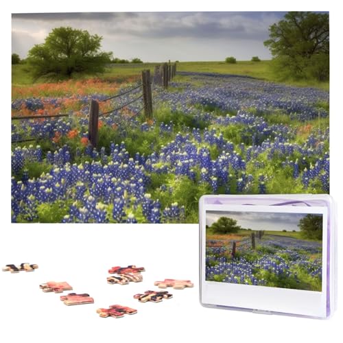 KHiry Puzzles 1000 Teile personalisierte Puzzles Texas Bluebonnets Landschaft Foto Puzzle anspruchsvolles Bild Puzzle für Erwachsene Personaliz Puzzle mit Aufbewahrungstasche (74,9 x 50 cm)