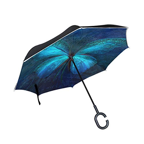 hengpai Blauer Schmetterling umgekehrt nach außen Regenschirm Autos Unigue winddicht UV-beständig doppellagig für Frauen