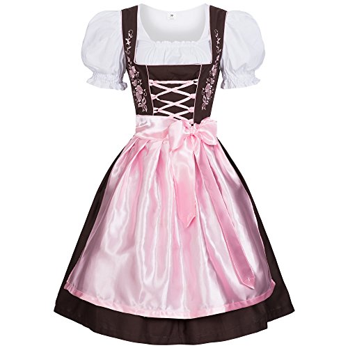 Damen Dirndl Kleid Dirndlkleid Trachtenkleid Midi Braun Pink 44