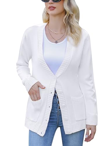 Irevial Strickjacke für Damen Elegant Strick Cardigan Mantel Herbst Winter Outerwear mit Taschen und Knopfleiste Weiß XXL