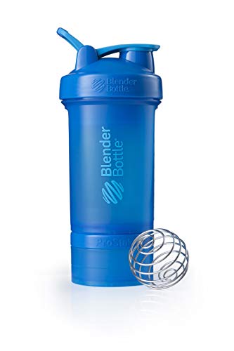 BlenderBottle ProStak Protein Shaker mit BlenderBall mit 2 Container 150 ml und 100 ml, 1 Pillenfach, optimal für Eiweiß, Diät und Fitness Shakes, skaliert bis 450ml, cyan blau (650ml), Edelstahl