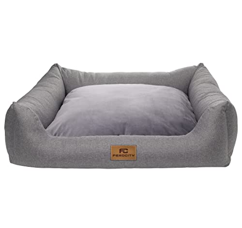 Ferocity Hundebett waschbares Hundesofa mit Rand und Wendekissen, Hundekissen aus Cordura und Samt, Grau und Flachs 85x70 [123]