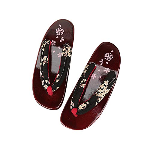 G-LIKE Damen Sandalen Pantoffel Sommerschuhe - Traditionelle Japanische Holzschuhe Geta Kimono Kirschblüte Sakura Musterdruck rutschfest Poliert Flip-Flops Cosplay Clogs (34-35 EU, Schwarz Sakura)