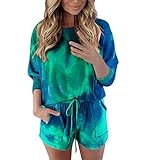 Xniral Damen Pyjama Schlafanzug Kurz Tie-Dye Bedruckte Nachtwäsche Nachthemd Hausanzug Set (i Grün, 3XL)