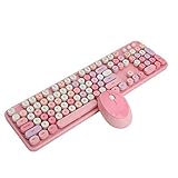 Drahtloses Tastatur- und Mausset, 2,4 GHz 104 Tasten Retro Schreibmaschinenstil Office Desktop Mechanische Tastatur Mäuse Kombination mit Multimedia-Taste(Rosa)