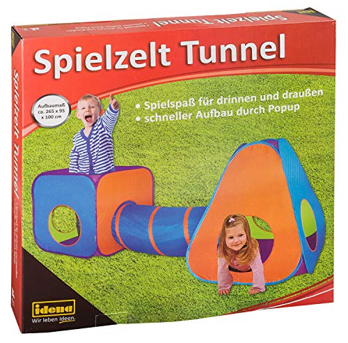 Idena 40118 Spielzelt mit Tunnel für Kinder, für drinnen und draußen geeignet, ca. 265 x 95 x 100 cm, bunt