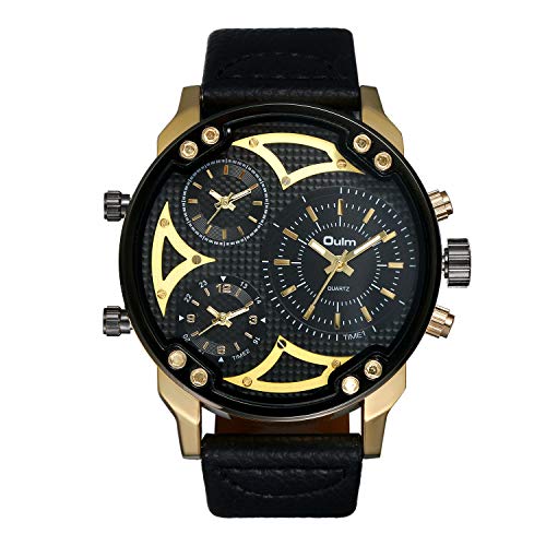 JewelryWe Herren Übergroße Armbanduhr DREI Zeitzone Analog Quarz Uhr Leder Band Sportuhr mit schwarzem Zifferblatt