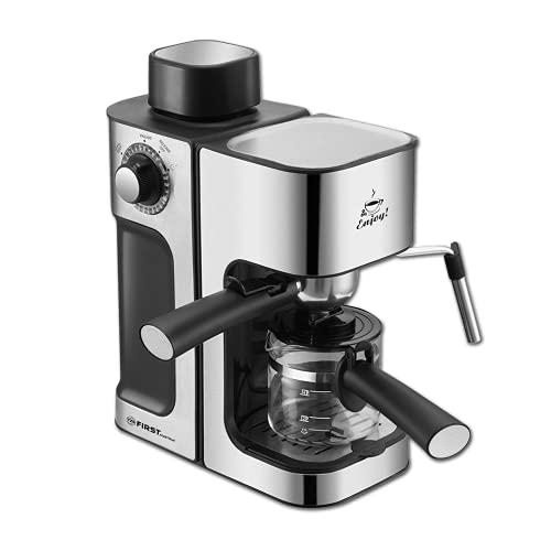 TZS First Austria Espressomaschine, für viele Kaffeespezialitäten, 0,25 L Kanne & Messlöffel, Dampfdüse zum Milch aufschäumen, in Schwarz/Edelstahl, 800 W