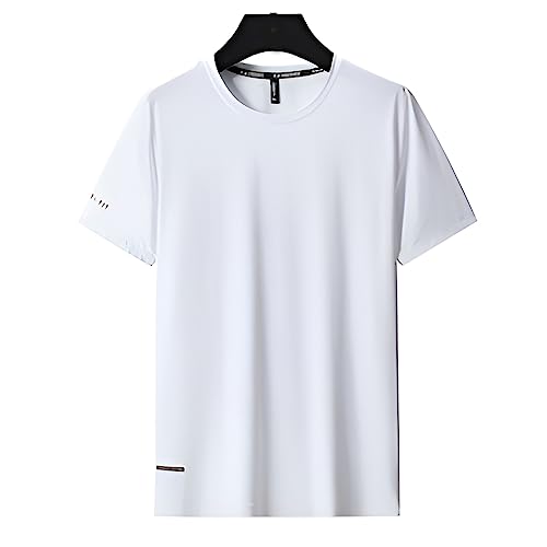 VUIOYRG Rundhals-T-Shirt aus Eisseide, Sommer-T-Shirt aus Eisseidenstoff, schnell trocknende, kurzärmlige Sport-Fitness-T-Shirts (Weiss,XL)