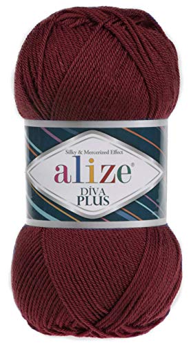 Alize Diva Plus Häkelgarn, 100 % Mikrofaser, Acryl, Seide, merzerisiert, 3 DK & leichtes Kammgarn, 4 Knäuel, 400 g, Farbe 57 – Bordeauxfarben