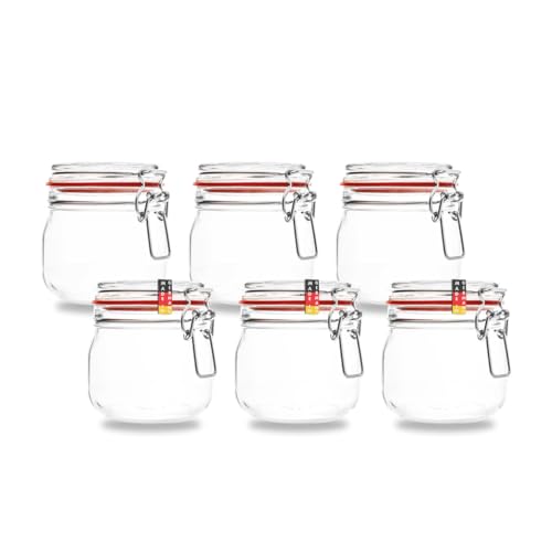 Flaschenbauer- 6 Drahtbügelgläser 634ml verwendbar als Einmachglas, zu Aufbewahrung, Gläser zum Befüllen, Leere Gläser mit Drahtbügel mit Weißen und Roten Dichtungsringen - made in Germany