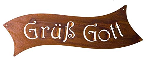 Rostalgie Edelrost Schild Grüß Gott geschwungen 40 x 15 cm Wandschild Eingang Garten Dekoration