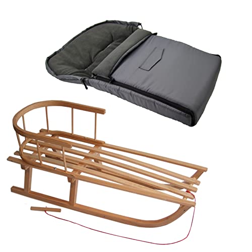 Kombi-Angebot Holz-Schlitten mit Rückenlehne & Zugseil + universaler Winterfußsack (90cm), auch geeignet für Babyschale, Kinderwagen, Buggy, Thermofleece Uni (dunkelgrau + Schlitten)