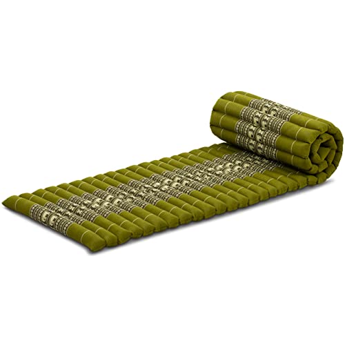 livasia Kapok Rollmatte in 190cm x 50cm x 4,5cm der Marke Liegematte BZW. Yogamatte, Thaikissen, Thaimatte als asiatische Rollmatratze (grün/Elefanten)