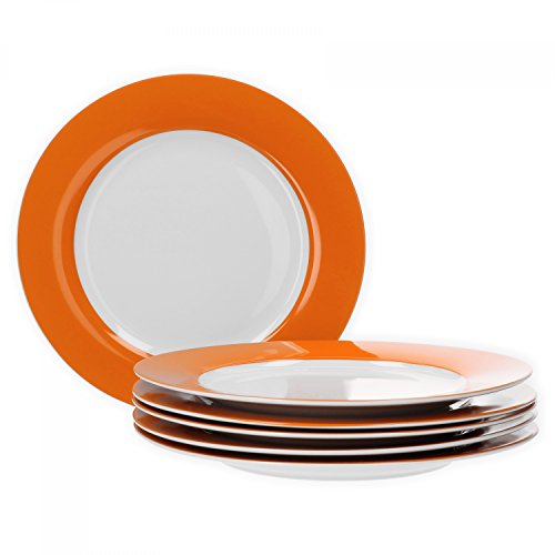 Van Well 6er Set Speiseteller Essteller flach Serie Vario Porzellan - Farbe wählbar, Farbe:orange