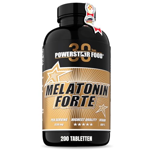 Powerstar MELATONIN FORTE | Jahrespackung Melatonin hochdosiert 0,5 mg pro 1/2 Tablette | Deutsche Herstellung | Natürliche Einschlafhilfe Erwachsene | Anti-Jetlag-Effekt | 200 Melatonin-Tabletten
