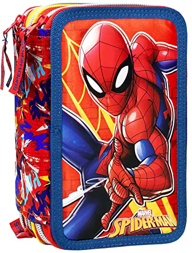 Clondo Spiderman Federtasche, Federmäppchen, 3-stöckig gefüllt 44 Teilen für die Schule, 20 cm