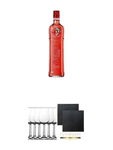 Berentzen Rhabarber Erdbeere 0,7 Liter + Whisky Nosing Gläser Kelchglas Bugatti mit Eichstrich 2cl und 4cl 6 Stück + Schiefer Glasuntersetzer eckig ca. 9,5 cm Ø 2 Stück