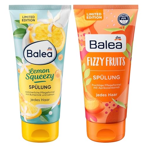 Balea 2er-Set Haarspülung: Conditioner LEMON SQUEEZY sommerlicher Zitronenduft & Pflegeformel mit Buttermilch für Geschmeidigkeit (200 ml) + Spülung FIZZY FRUITS mit Aprikosenkernöl (200 ml), 400 ml