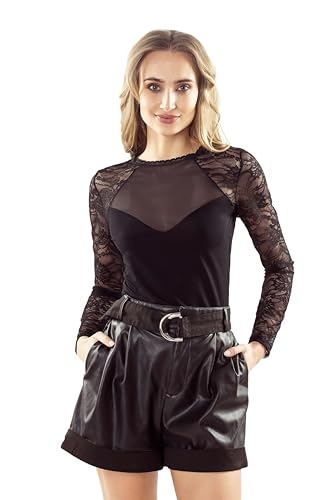 Selente #Fashionista Enrica Damen Spitzentop/Bluse (Made in EU), Longsleeve transparent Schwarz, Gr. S