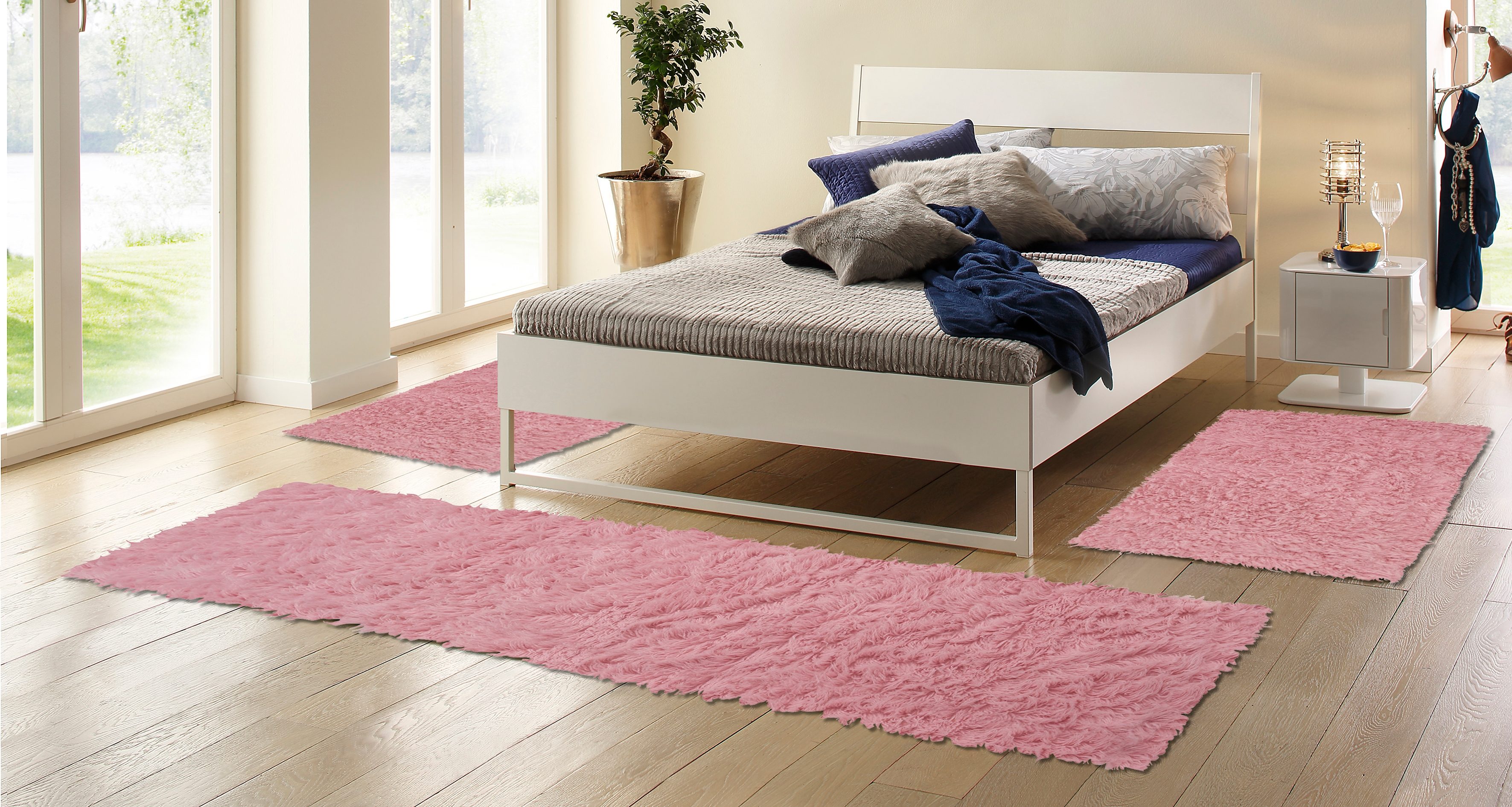Böing Carpet Bettumrandung "Flokati 1500 g", (3 tlg.), Bettvorleger, Läufer-Set für das Schlafzimmer, Uni Farben, reine Wolle, handgewebt