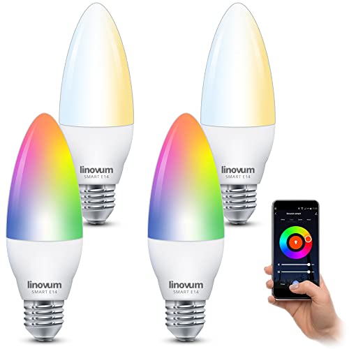linovum 4 Stück LED E14 Lampen Smart RGB WLAN kompatibel mit Alexa Echo, Google Home - App- & Sprachsteuerung dimmbare Lichtfarbe CCT