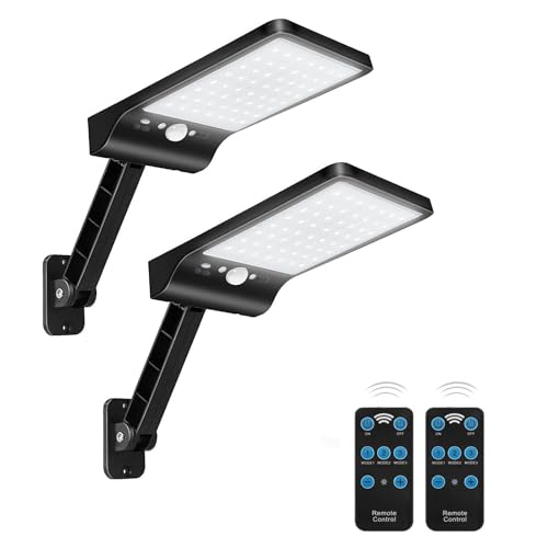 Moman Solarlampen für Außen mit Bewegungsmelder, 2 Stück Solarleuchte mit Fernbedienung 2200mAh 3 Modi IP65 Wasserdicht 56 LED Solarlicht Schwarz, Solarlampe-Außen-Bewegungsmelder-LED-Solarleucht